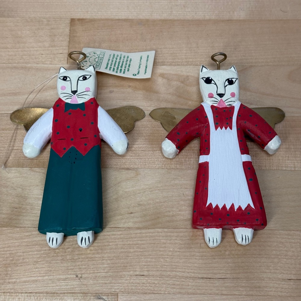 Rana Trading Co Cat Angel Ornaments Set of 2 Handmade Wood Metal Indonesia